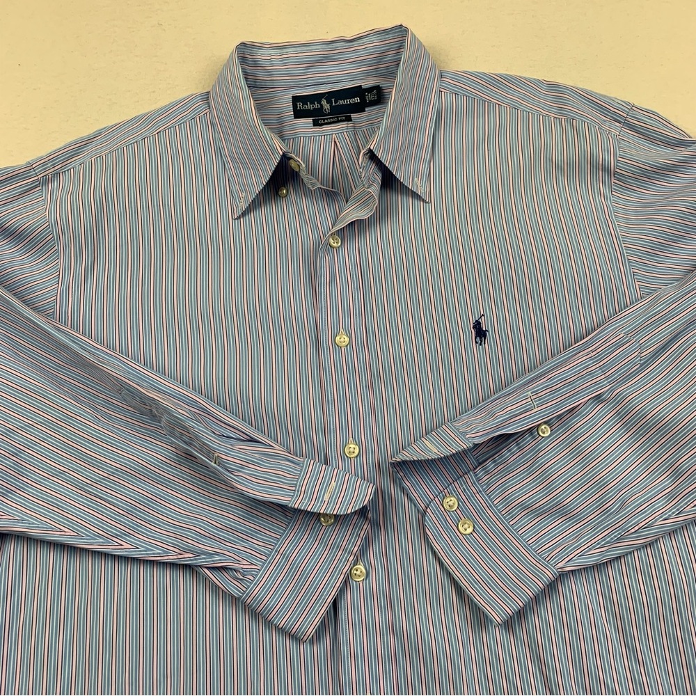Ralph Lauren Shirt Mens 17.5 34/35 Blue Pink Striped Classic Fit Button‎ Down